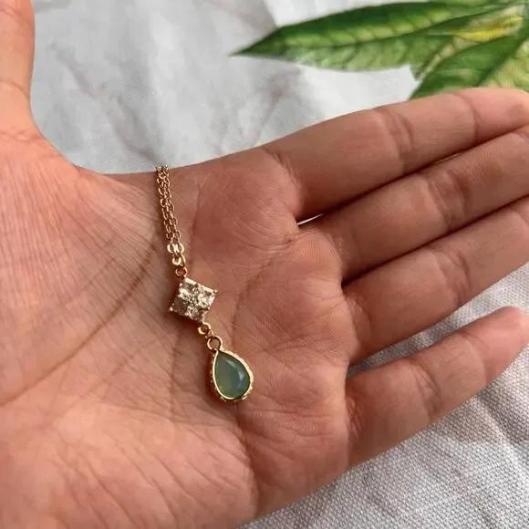 Chalcedony Opal Mint Sea Green Diamond Square Drop Art Deco Romantic Necklace - Picture 3 of 8